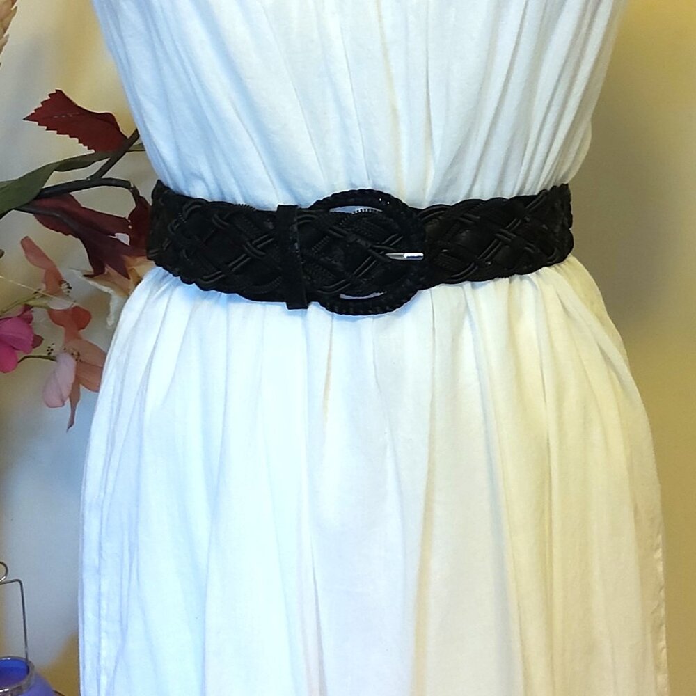 New Wide Faux Leather VTG Waist Belt Black Braided Fashion Belt